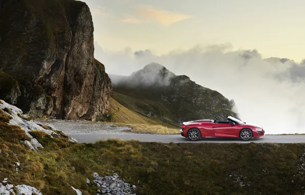 Картинка горы, Audi, вечер, Audi R8, вид сбоку, Spyder, V10, 2020, RWD