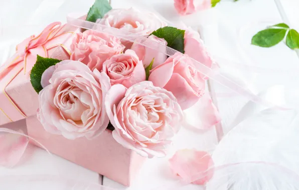 Картинка цветы, коробка, розы, rose, бутоны, box, pink, flowers, gift