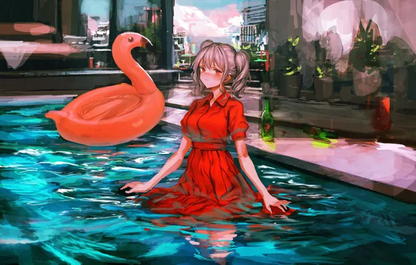 Картинка девушка, бассейн, фоаминго