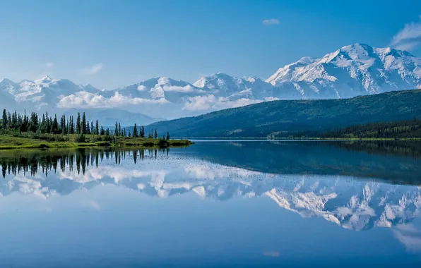 Картинка горы, озеро, отражение, Аляска, Alaska, Denali National Park, Аляскинский хребет, Национальный парк Денали, Alaska Range, …