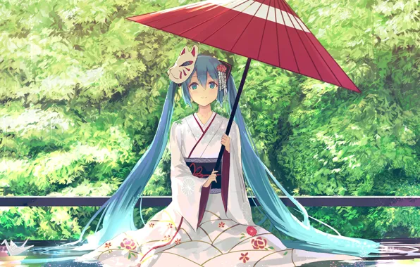 Картинка девушка, зонт, Hatsune Miku, Vocaloid, Вокалоид, Хатсуне Мику