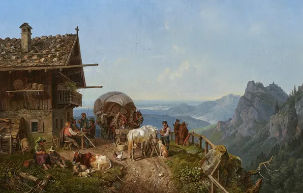 Картинка 1843, German painter, немецкий живописец, Wirtshaus im gebirge, Генрих Бюркель, Таверна в горах, Heinrich Burkel