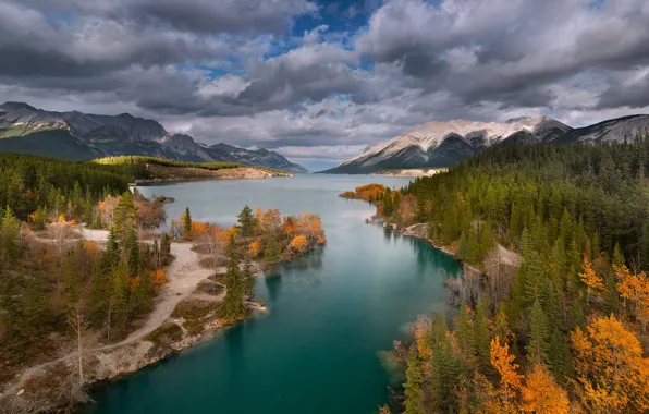 Картинка осень, облака, пейзаж, горы, природа, озеро, Канада, леса, берега, Abraham Lake, Эйбрахам