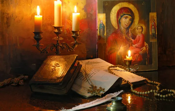 Картинка перо, праздник, свечи, религия, Библия, икона, чётки, Богородица, Андрей Морозов, Благовещенье