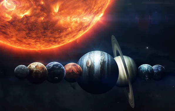 Картинка Солнце, Сатурн, Луна, Космос, Звезда, Земля, Планеты, Moon, Марс, Юпитер, Нептун, Меркурий, Венера, Planets, Saturn, …