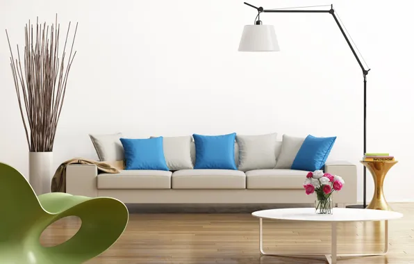 Картинка дизайн, зеленый, серый, голубой, интерьер, кресло, подушки, столик, гостиная, модерн
