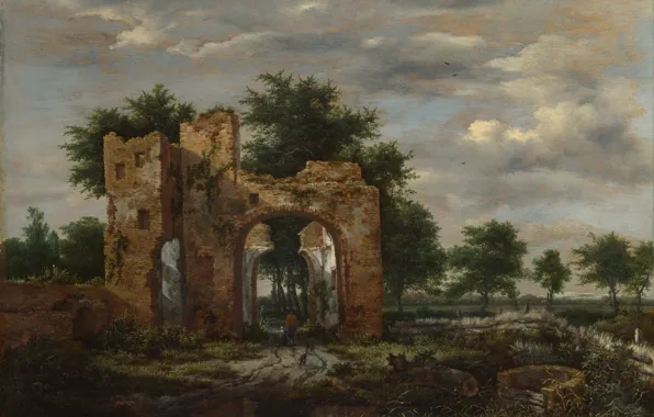 Картинка пейзаж, картина, Якоб ван Рёйсдал, Jacob van Ruisdael, Разрушенные ворота замка