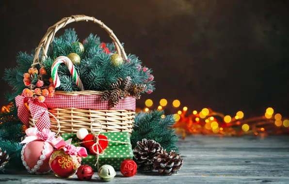 Картинка украшения, Новый Год, Рождество, подарки, christmas, balls, wood, merry, decoration, basket, gift box, fir tree, …