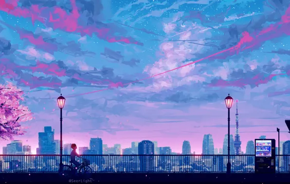 Картинка небоскребы, Токио, фонари, перила, Tokyo, Japan, парень, набережная, art, розовые облака, токийская башня, вечернее небо, …
