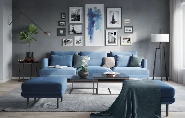 Картинка дизайн, стиль, комната, растение, лампа, интерьер, картины, софа, гостиная, сочетание цветов, серый и синий