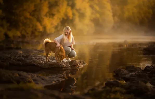 Картинка осень, девушка, озеро, собака