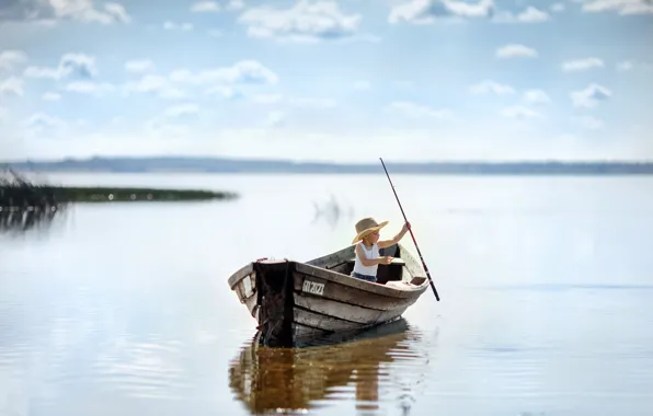 Картинка природа, озеро, лодка, рыбалка, рыбак, мальчик, малыш, ребёнок, удочка, рыболов, Валерия Касперова