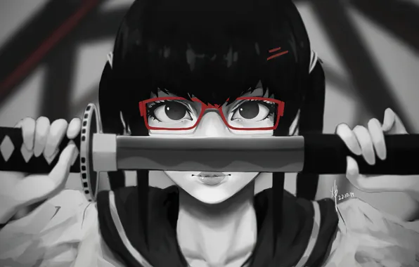 Картинка катана, лезвие, серый фон, черные волосы, в очках, злобный взгляд, физиономия, японская школьница, by Guweiz