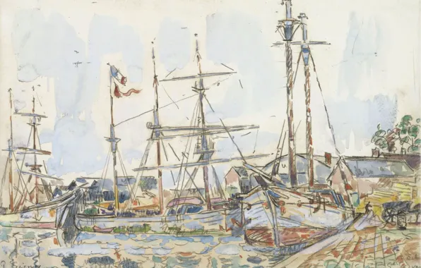 Картинка рисунок, корабль, акварель, 1929, Поль Синьяк, Paul Signac, Порт Сен-Серван