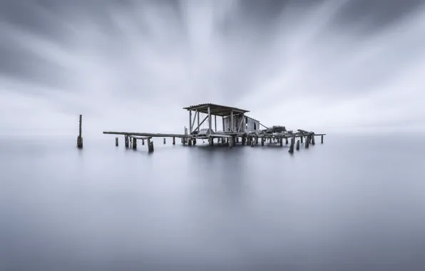 Картинка море, мост, туман, берег