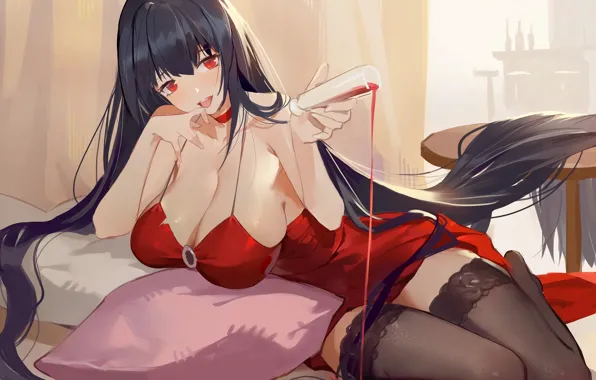 Картинка girl, sexy, cleavage, thighhighs, long hair, dress, boobs, anime, beautiful, red eyes, pretty, brunette, breasts, …