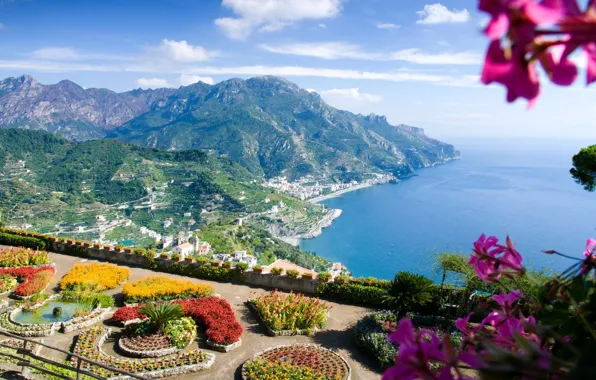 Картинка море, цветы, горы, вилла, Италия, Равелло, Амальфитанское побережье, Villa Rufolo