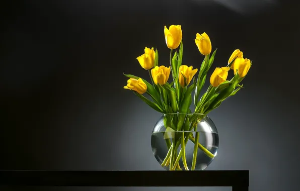 Картинка фон, букет, тюльпаны, ваза, бутоны, жёлтые тюльпаны