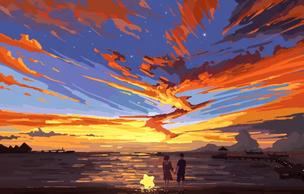 Картинка море, закат, звезда, влюбленные, Fangpeii