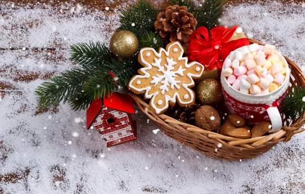 Картинка снег, Новый Год, печенье, Рождество, Christmas, wood, snow, New Year, какао, cookies, decoration, Merry, fir …