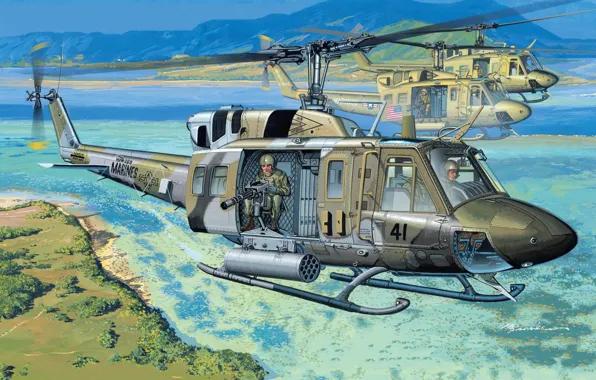 Картинка Вертолет, США, Huey, USMC, Боевой вертолёт, UH-1N