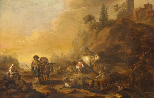 Картинка масло, картина, Пейзаж с Пастухами и Скотом, 1648, Корнелис де Би, Cornelis de Bie