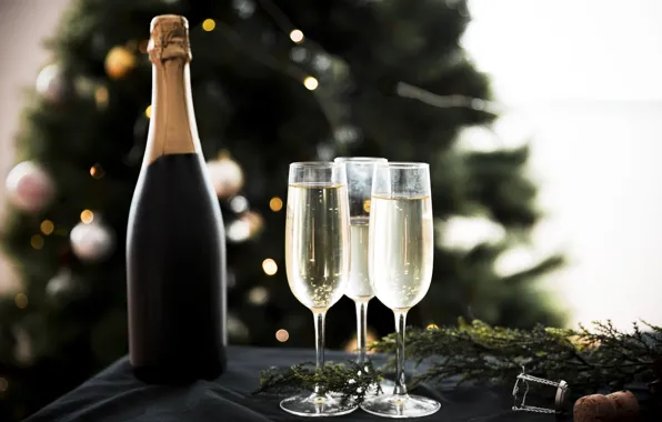 Картинка праздник, бутылка, Новый Год, бокалы, шампанское, декор