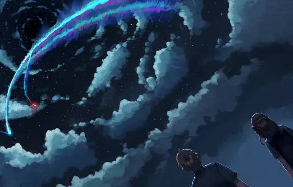 Картинка небо, облака, арт, комета, силуэты, Kimi no Na wa