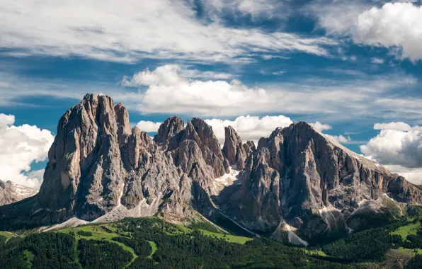 Картинка небо, облака, деревья, горы, скалы, поля, панорама, леса, Dolomites, Langkofel Group