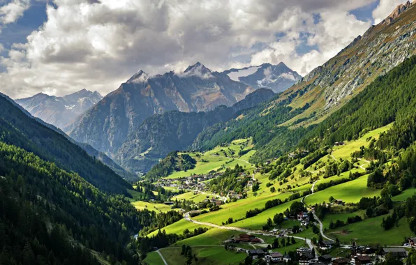 Картинка sky, mountains, clouds, beautiful landscape, town, alpine, rural area