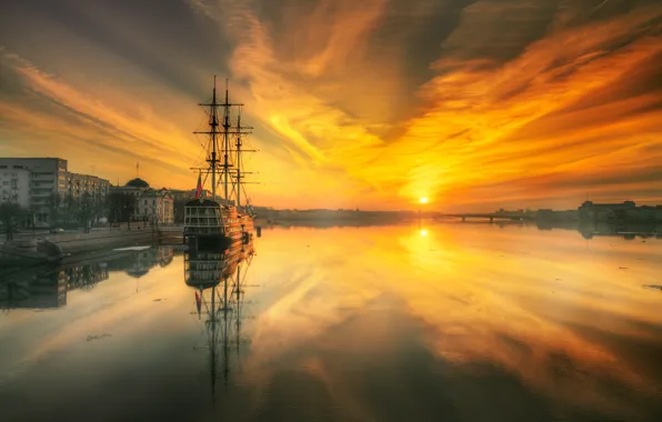 Картинка небо, закат, корабль, здания, Санкт-Петербург, канал, Эдуард Гордеев