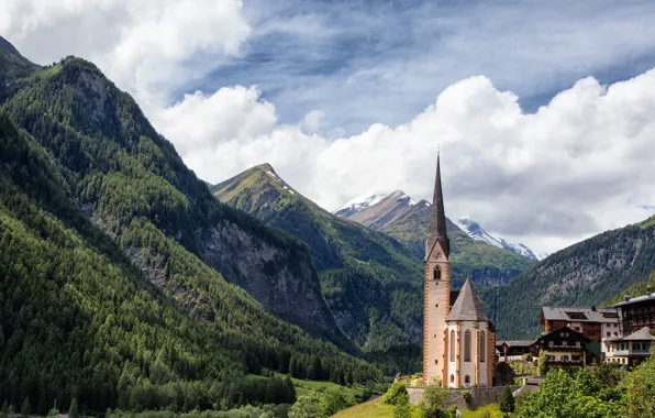 Картинка небо, облака, горы, Австрия, церквушка, Каринтия, Хайлигенблут