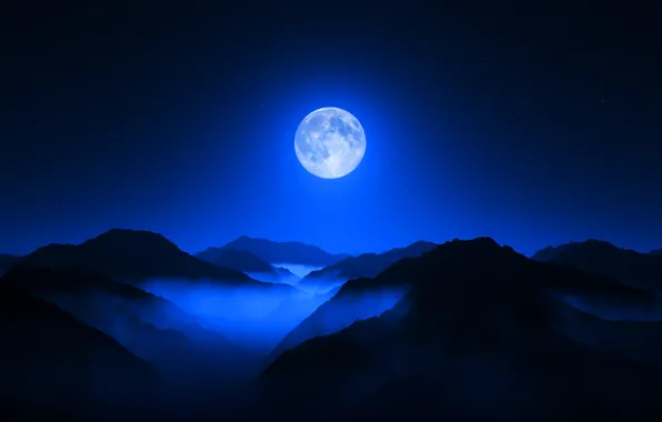 Картинка moon, twilight, sky, night, mountain, valley, range, fogg