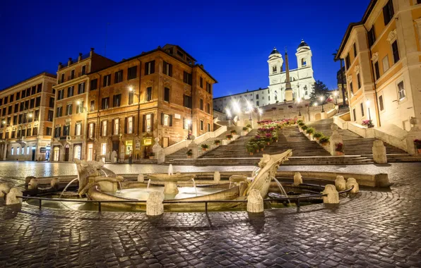 Картинка огни, Рим, Италия, Испанская лестница, фонтан Баркачча