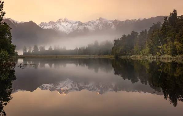 Картинка пейзаж, горы, природа, туман, озеро, рассвет, утро, Новая Зеландия, леса, берега, Мэтисон, Matheson Lake