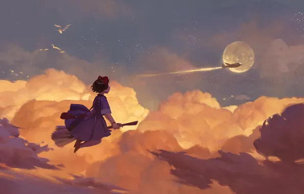 Картинка небо, девушка, самолет, луна, чайки, фэнтези, Kiki, Majo no Takkyuubin