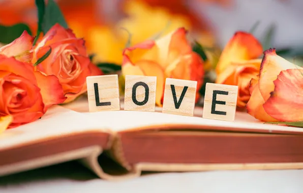 Картинка любовь, цветы, буквы, праздник, кубики, розы, букет, книга, оранжевые, слово, боке