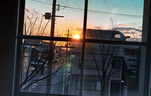 Картинка солнце, закат, улица, вид из окна