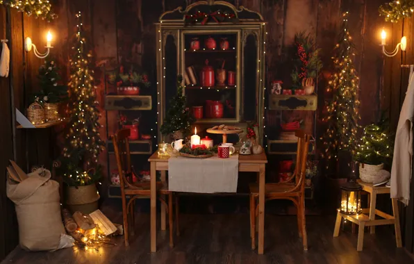 Картинка интерьер, свечи, Рождество, Новый год, мешок, ёлки, декорация, Любовь Пятовская