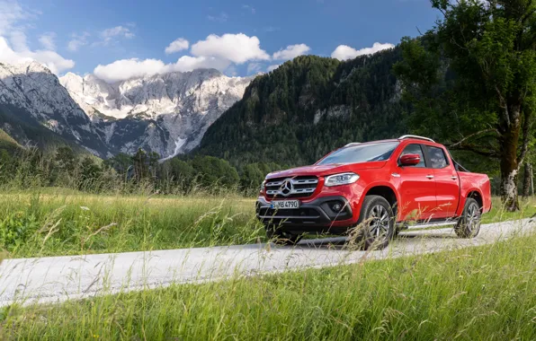 Картинка горы, красный, Mercedes-Benz, пикап, 2018, X-Class