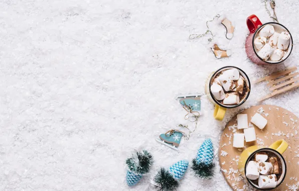 Картинка снег, праздник, новый год, санки, шишки, Snow, коньки, декор, New year, marshmallows
