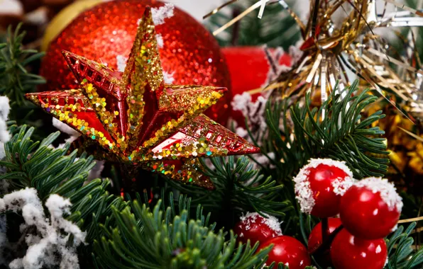 Картинка зима, ветки, ягоды, праздник, звезда, шарик, Рождество, красные, Новый год, ёлка, мишура, хвоя, боке, ёлочные …