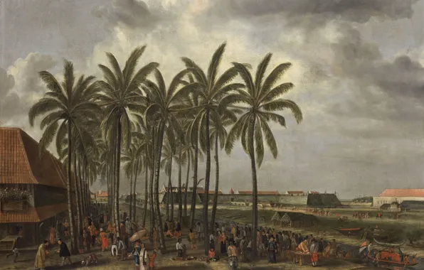 Картинка пейзаж, масло, картина, холст, 1657, Andries Beeckman, Форт Батавии. На переднем плане рыбный рынок, Андрис …
