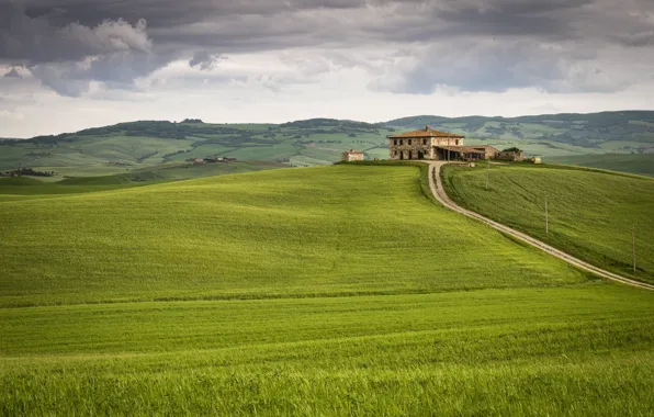 Картинка дорога, зелень, поле, небо, трава, облака, дом, холмы, поля, даль, склон, холм, луг, простор, Италия, …