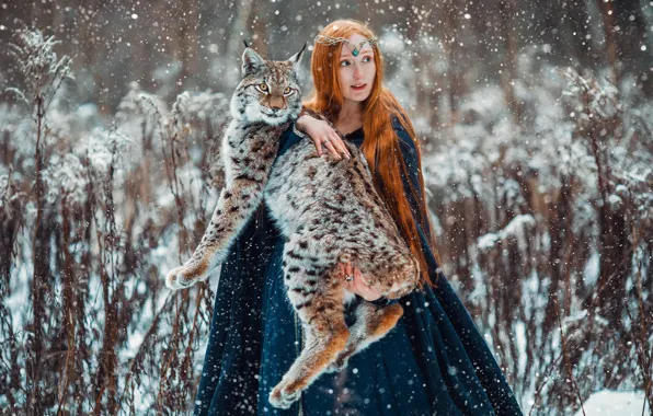 Картинка зима, девушка, животное, хищник, рыжая, рысь, Александра Савенкова