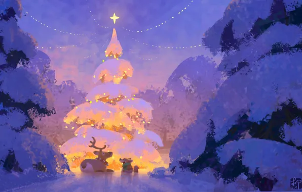 Картинка зима, елка, новый год, олень, мышка, клоги