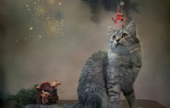 Картинка кошка, кот, снежинки, животное, новый год, ель, ветка, мыши, фигурки, Ковалёва Светлана, Светлана Ковалёва