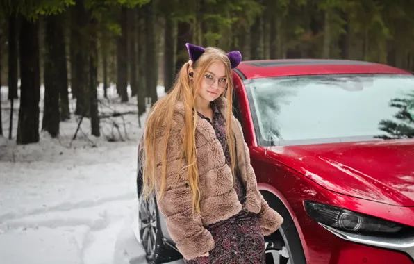 Картинка зима, лес, очки, блондинка, Japan, Mazda