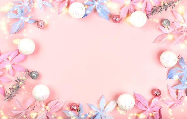 Картинка листья, сияние, фон, розовый, праздник, цвет, Рождество, Новый год, веточки, композиция, ёлочные шарики