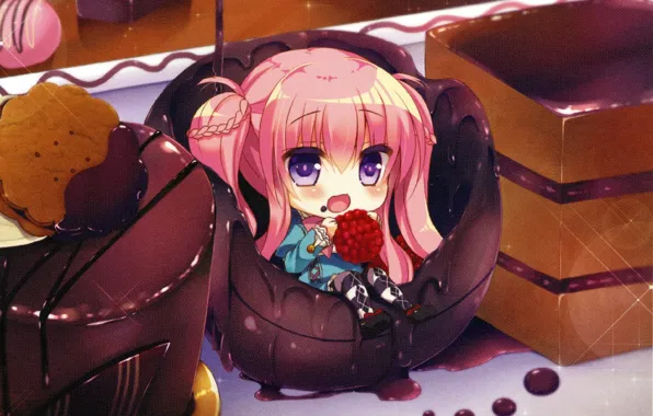 Картинка малина, розовые волосы, большие глаза, шоколадная глазурь, чибик, шоколадный десерт, Lilia Chocolanne, by Rena Suzunone